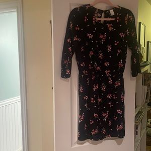 Short, half sleeve black dress with rose pattern.